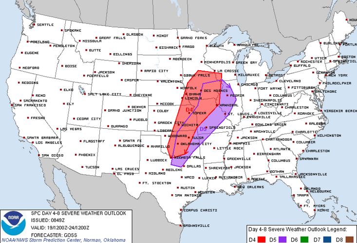 The SPC severe weather outlook for Sunday (red) and Monday (purple). These areas are generally where the group is targeting to start the trip.