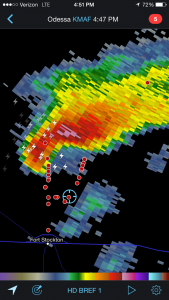 KMAF Radar valid at 4:47 PM depicts a supercell north of Fort Stockton, TX