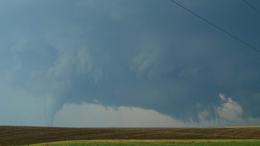 Figure 4: The supercell undergoes vortex cycling southwest of Dodge City. Two tornadoes are visible at once